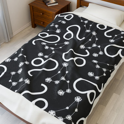 Velveteen Plush Blanket, Leo Zodiac Sign, Constellation & Symbol, Black, 100% polyester
