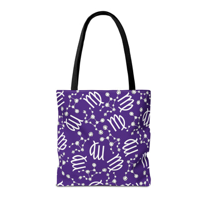 Tote Bag, Virgo Zodiac Sign, AOP, (Purple, White)