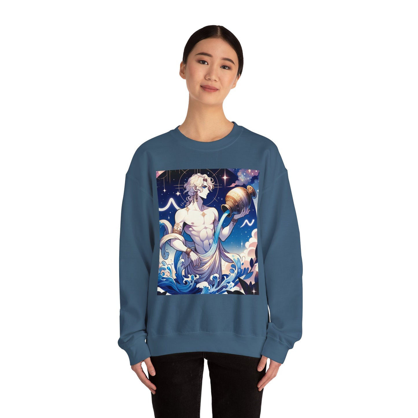 Unisex Heavy Blend™ Crewneck Sweatshirt, Anime Aqua God, Aquarius Zodiac Design