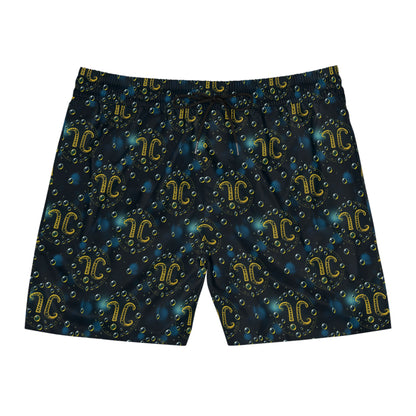 Men's Mid-Length Swim Shorts, (AOP), Aquarius, Zodiac v1, Bubble Pattern