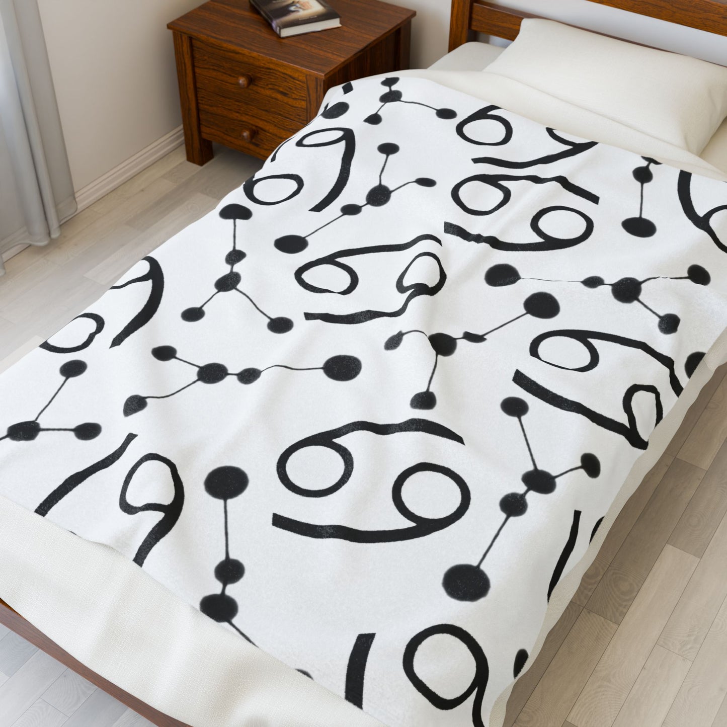 Velveteen Plush Blanket, Cancer Zodiac Sign, Constellation & Symbol, White, 100% polyester
