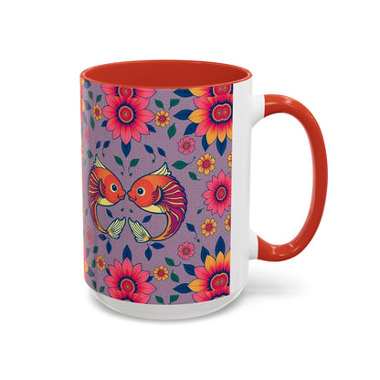 Accent Coffee Mug, Pisces, Zodiac v2, Flower Pattern, (11, 15oz)