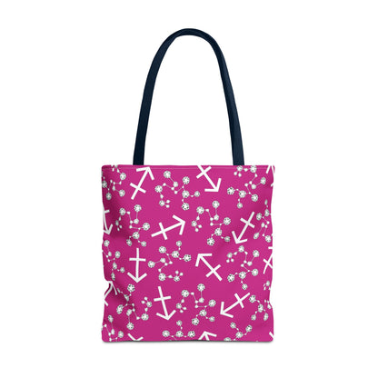 Tote Bag, Sagittarius Zodiac Sign, AOP, (Pink, White Print)
