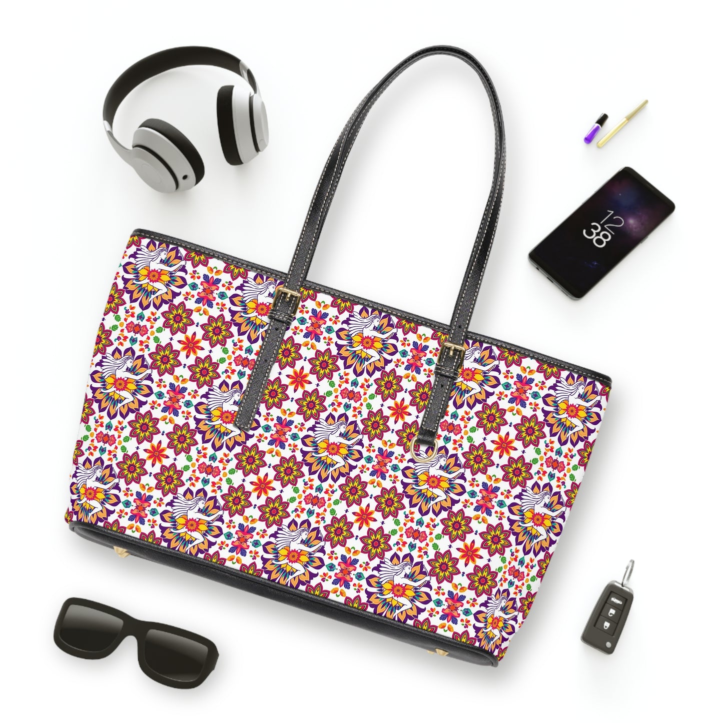 Leather Shoulder Bag, Sagittarius, Zodiac v1, Flower Pattern