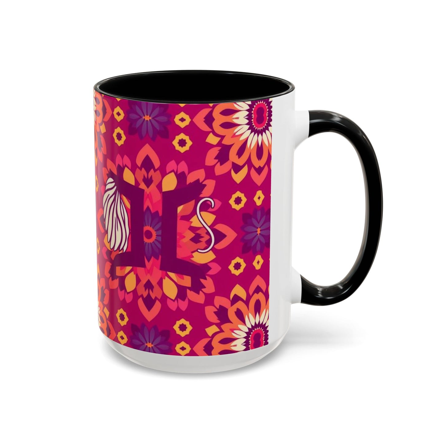 Accent Coffee Mug, Gemini, Zodiac v1, Flower Pattern, (11, 15oz)