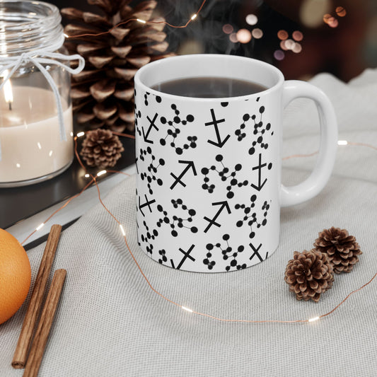 Ceramic Mug, (11oz, 15oz), Ceramic Coffee Mug, AOP, Constellation & Symbol, Sagittarius Zodiac Design