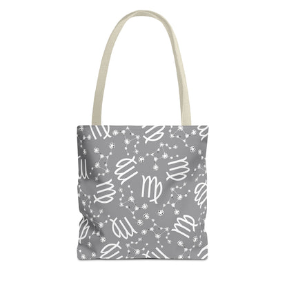 Tote Bag, Virgo Zodiac Sign, AOP, (Grey, White)