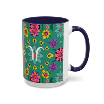 Accent Coffee Mug, Aquarius, Zodiac v3, Flower Pattern, (11, 15oz)