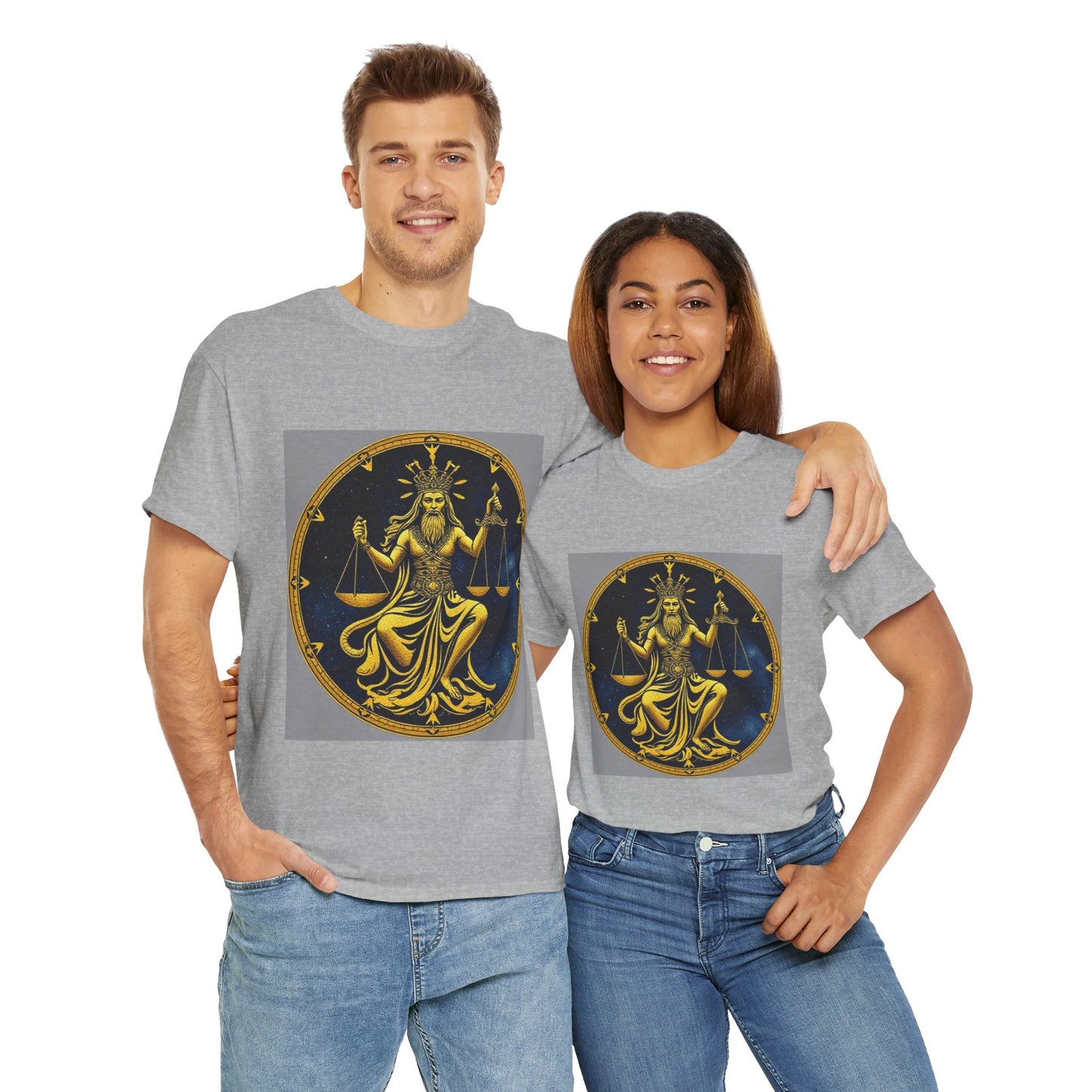 Unisex Heavy Cotton T-Shirt, Gold v1, Libra God, Zodiac Design
