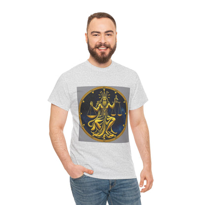 Unisex Heavy Cotton T-Shirt, Gold v1, Libra God, Zodiac Design