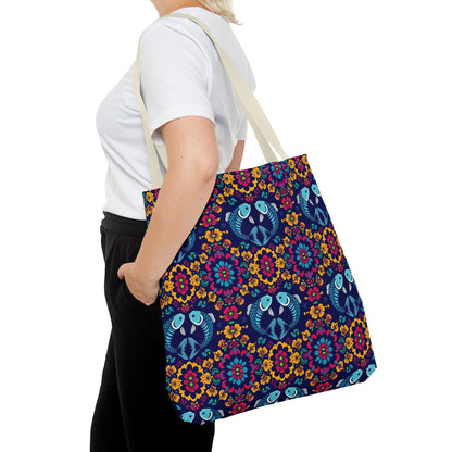 Tote Bag, (AOP), Pisces, Zodiac v3, Flower Pattern