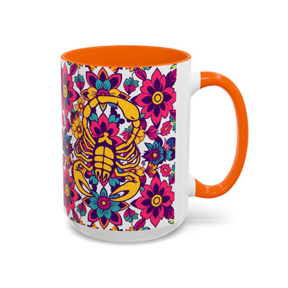 Accent Coffee Mug, Scorpio, Zodiac v2. Flower Pattern, (11, 15oz)