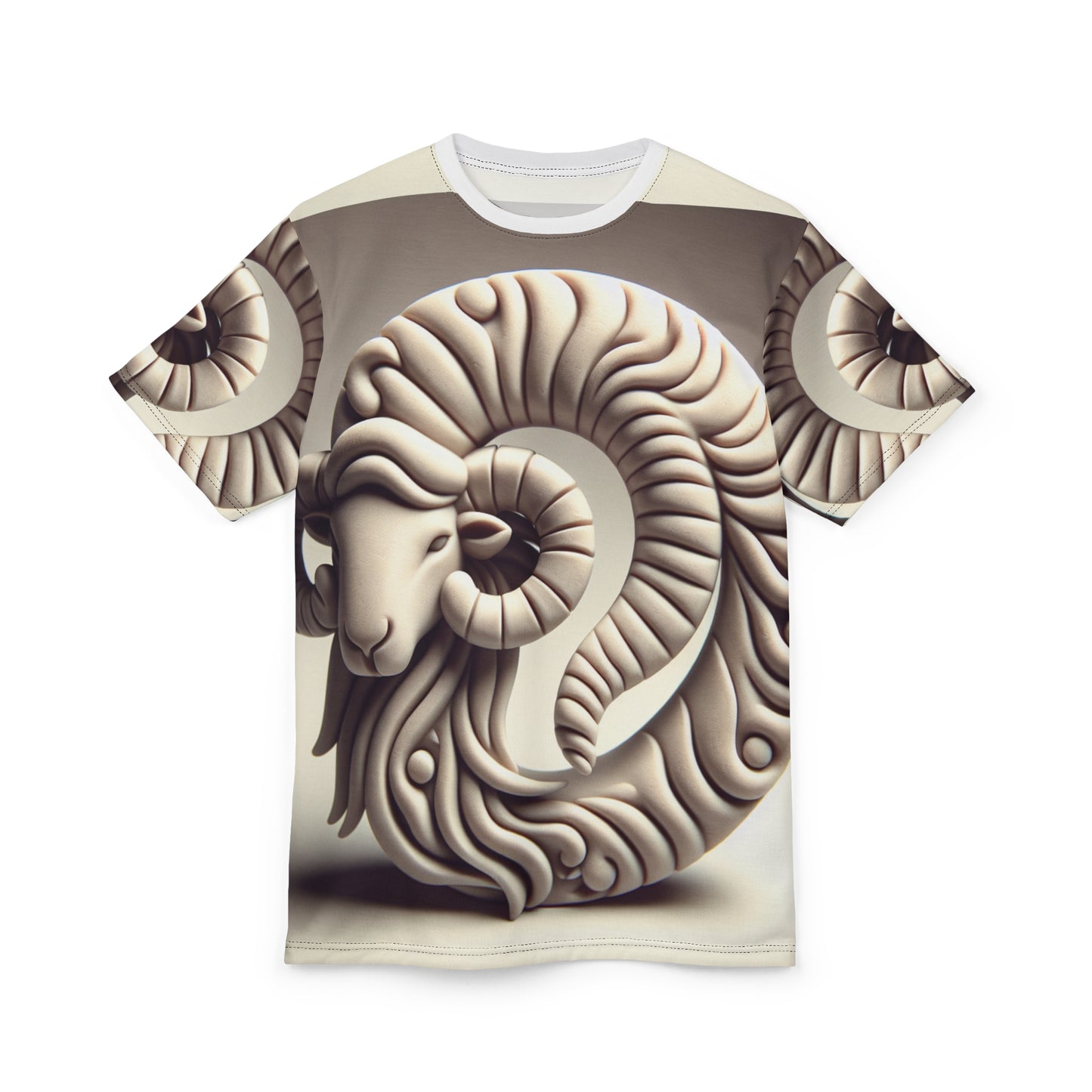 Unisex Cut & Sew T-Shirt (AOP), Stone Carving, Aries Zodiac Design, Regular fit, 100% Polyester