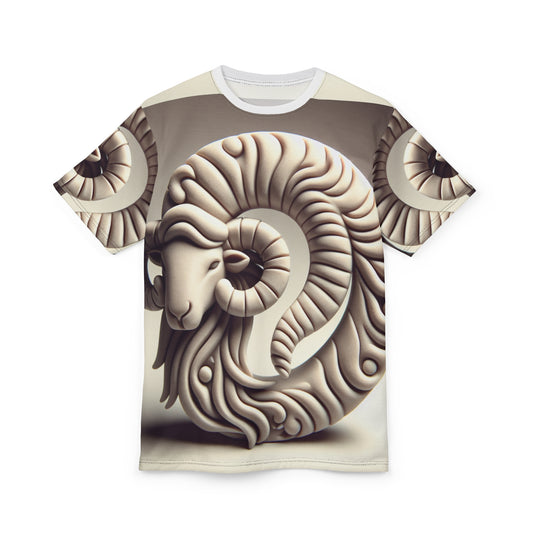 Unisex Cut & Sew T-Shirt (AOP), Stone Carving, Aries Zodiac Design, Regular fit, 100% Polyester