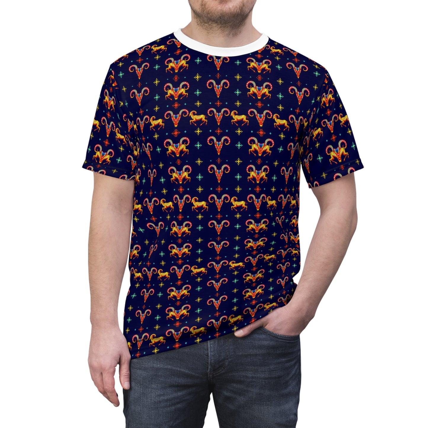 Unisex Cut & Sew T-Shirt, (AOP), Aries, Zodiac v3, Jewels Pattern