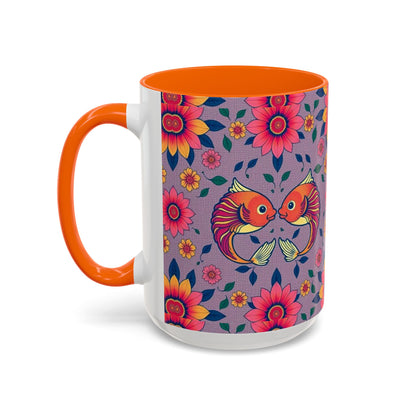 Accent Coffee Mug, Pisces, Zodiac v2, Flower Pattern, (11, 15oz)