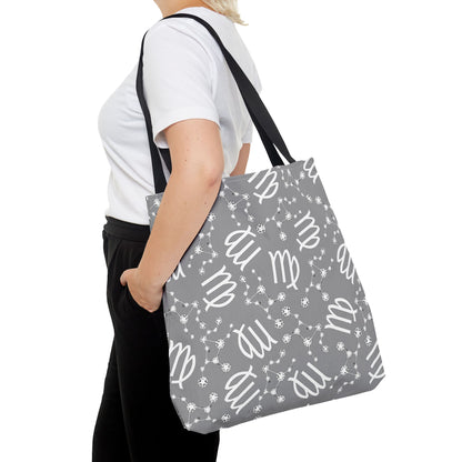 Tote Bag, Virgo Zodiac Sign, AOP, (Grey, White)