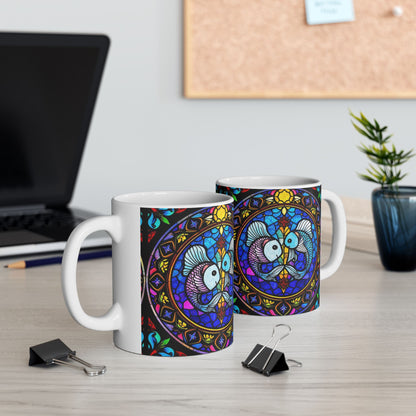 Ceramic Mug, (11oz, 15oz), Ceramic Coffee Mug, AOP, Glass Design v1, Pisces Zodiac Sign