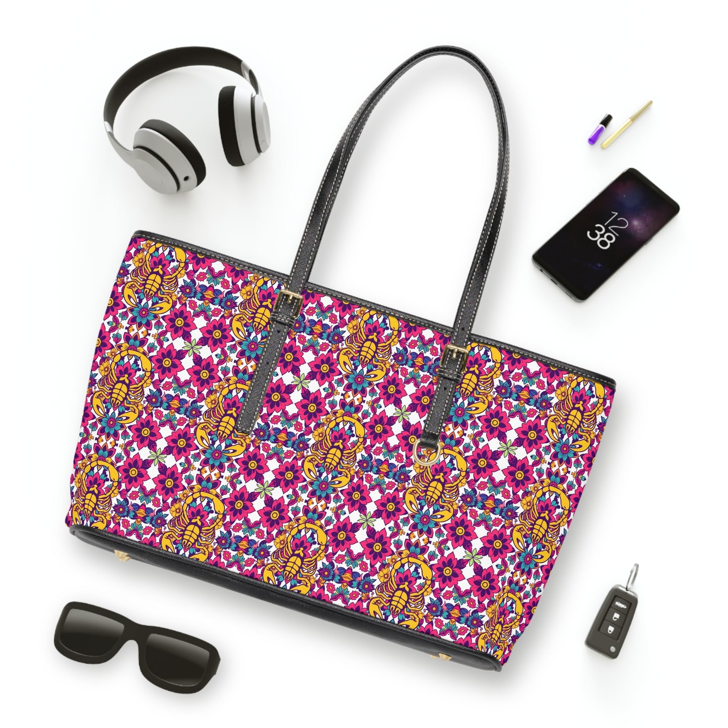 Leather Shoulder Bag, Scorpio, Zodiac v1, Flower Pattern