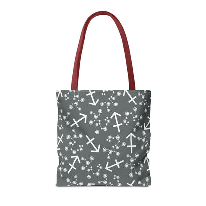 Tote Bag, Sagittarius Zodiac Sign, AOP, (Grey, White Print)