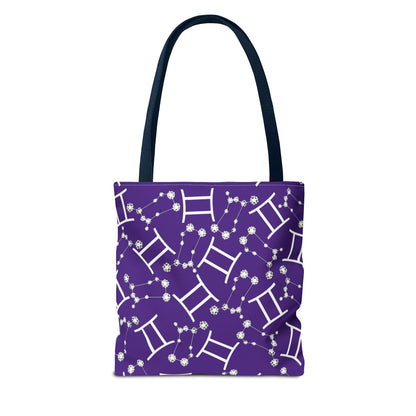 Tote Bag, Gemini Zodiac Sign, AOP, (Purple, White Print)