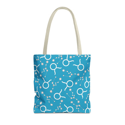 Tote Bag, Taurus Zodiac Sign, AOP, (Turquoise, White)