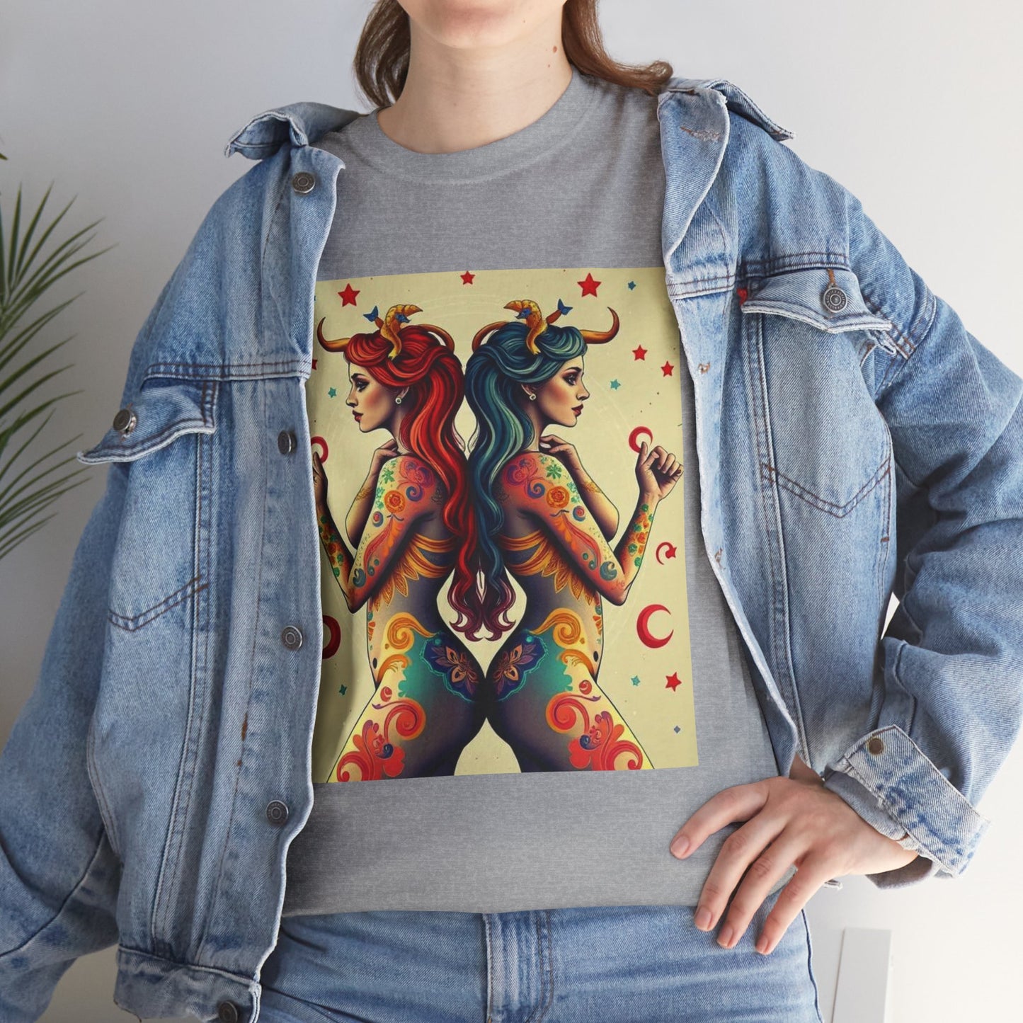 Unisex Heavy Cotton T-Shirt, Gemini, Zodiac v4, Sexy Art