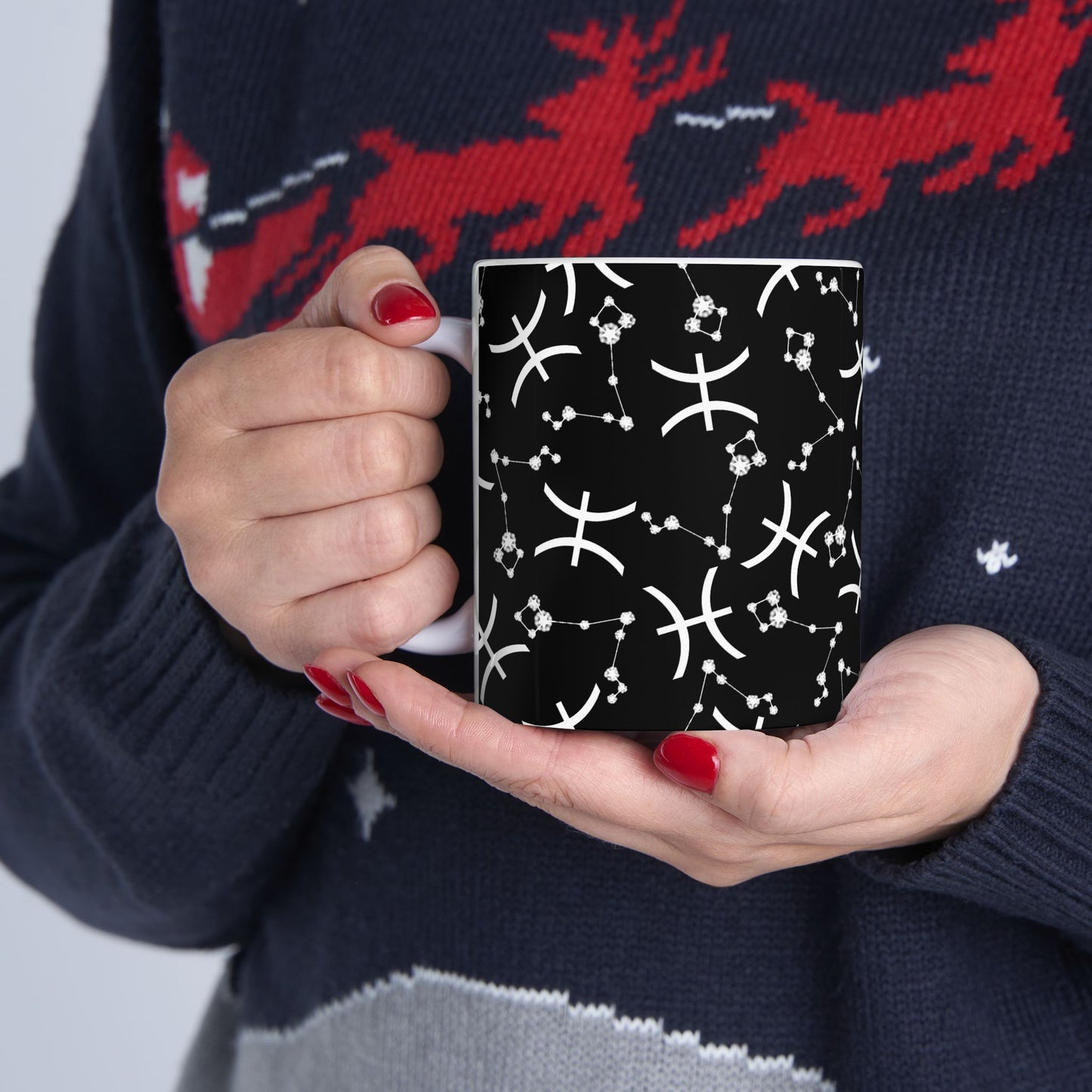 Ceramic Mug, (11oz, 15oz), Ceramic Coffee Mug, Black AOP, Pisces Zodiac Design