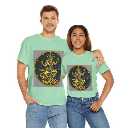 Unisex Heavy Cotton T-Shirt, Gold v1, Libra God, Zodiac Design
