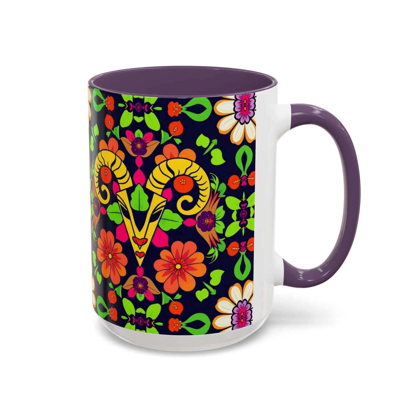Accent Coffee Mug, Aries, Zodiac v2, Flower Pattern, (11, 15oz)