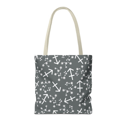 Tote Bag, Sagittarius Zodiac Sign, AOP, (Grey, White Print)