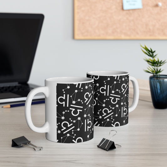 Ceramic Mug, (11oz, 15oz), Ceramic Coffee Mug, Black AOP, Libra Zodiac Design