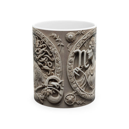 Ceramic Mug, (11oz, 15oz), Ceramic Coffee Mug, Woman Stone Carving, Virgo Zodiac Design