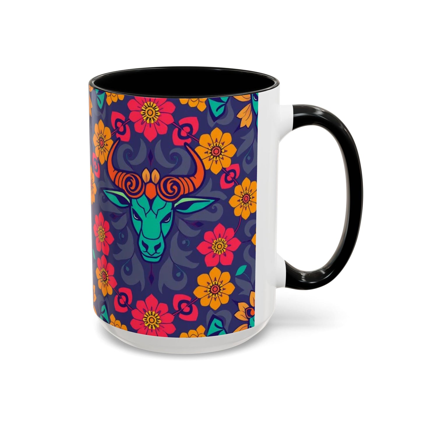 Accent Coffee Mug, Taurus, Zodiac. Flower Pattern, (11, 15oz)