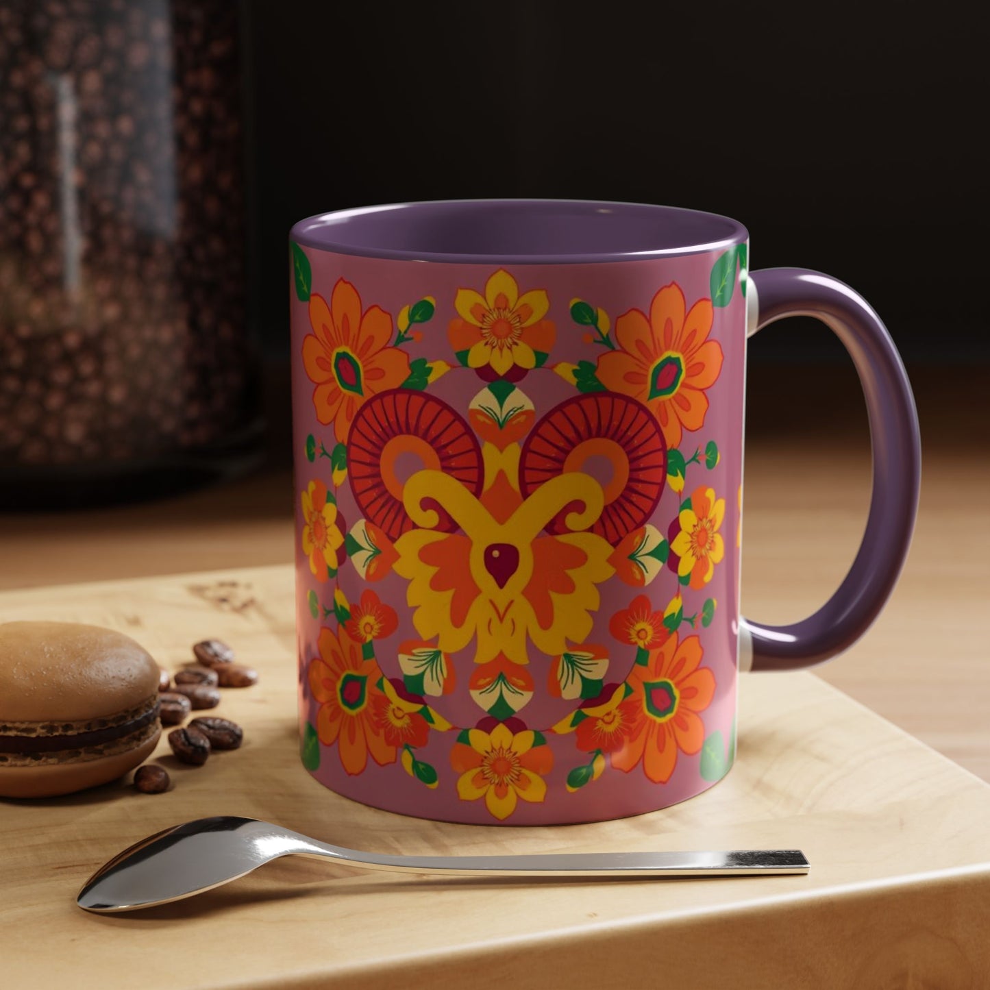 Accent Coffee Mug, Aries, Zodiac v1, Flower Pattern, (11, 15oz)