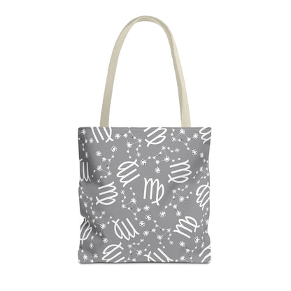Tote Bag, Virgo Zodiac Sign, AOP, (Grey, White)
