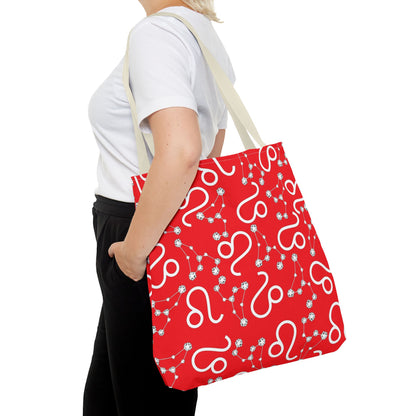 Tote Bag, Leo Zodiac Sign, AOP, (Red, White)