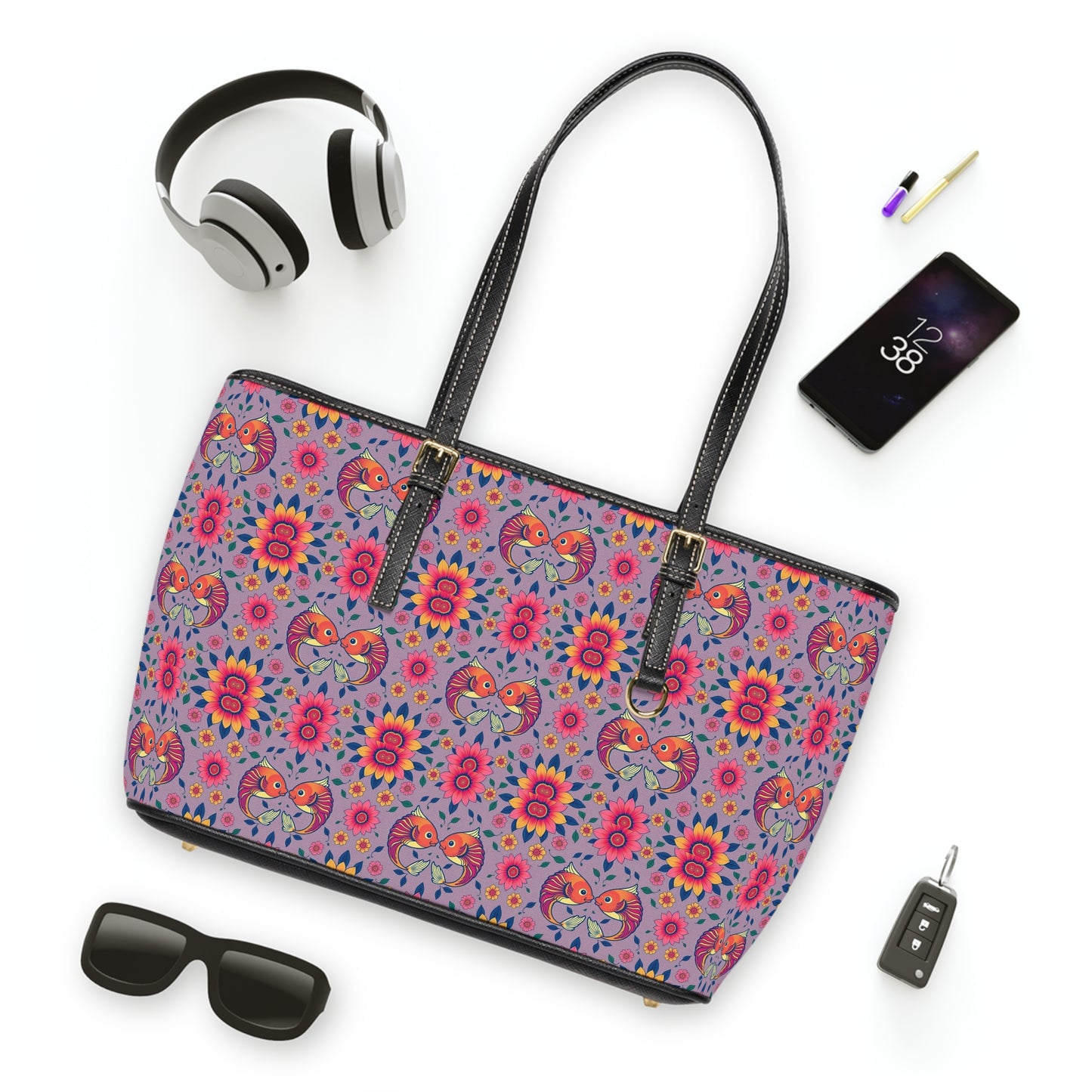 Leather Shoulder Bag, Pisces, Zodiac v1, Flower Pattern