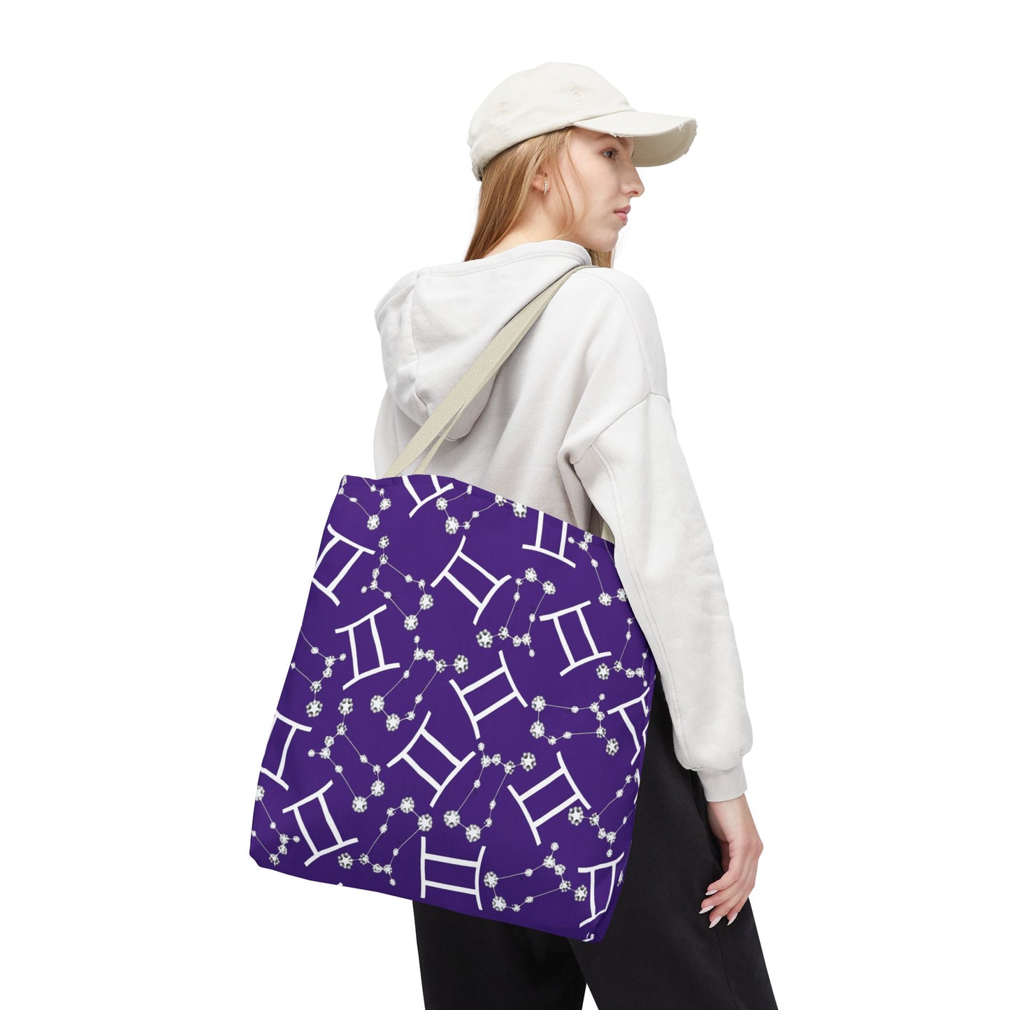 Tote Bag, Gemini Zodiac Sign, AOP, (Purple, White Print)