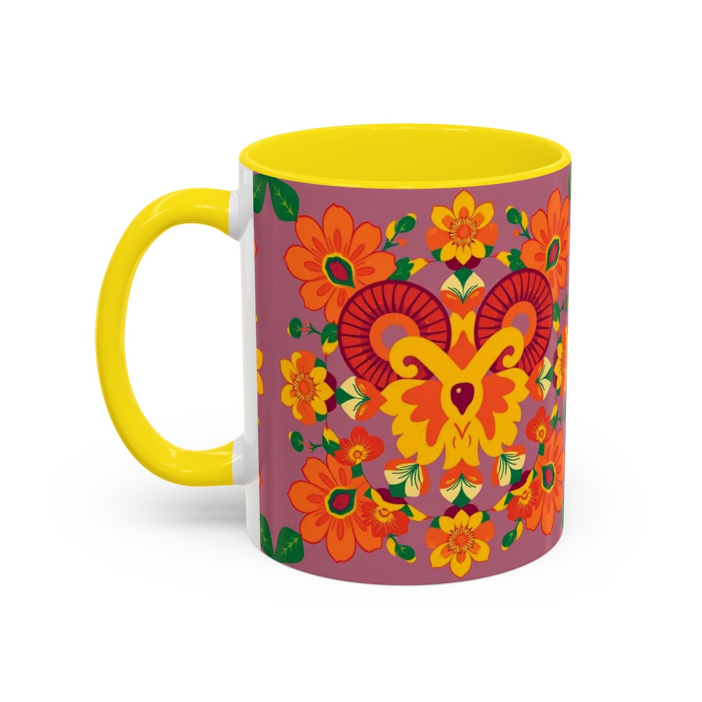 Accent Coffee Mug, Aries, Zodiac v1, Flower Pattern, (11, 15oz)