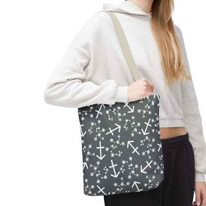 Tote Bag, Sagittarius Zodiac Sign, AOP, (Grey, White Print)