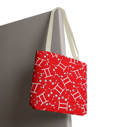 Tote Bag, Gemini Zodiac Sign, AOP, (Red, White Print)