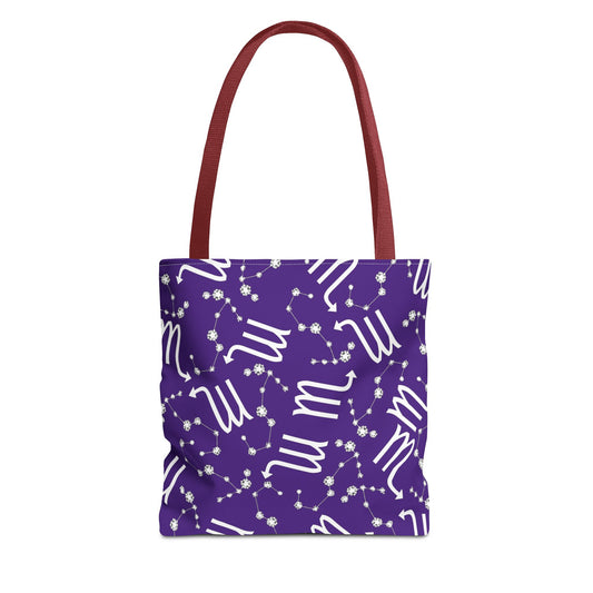 Tote Bag, Scorpio Zodiac Sign, AOP, (Purple, White)