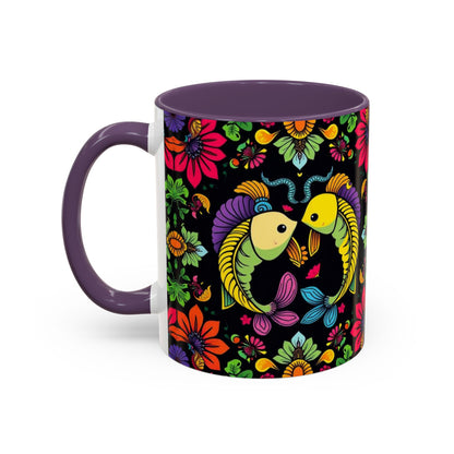 Accent Coffee Mug, Pisces, Zodiac v3, Flower Pattern, (11, 15oz)
