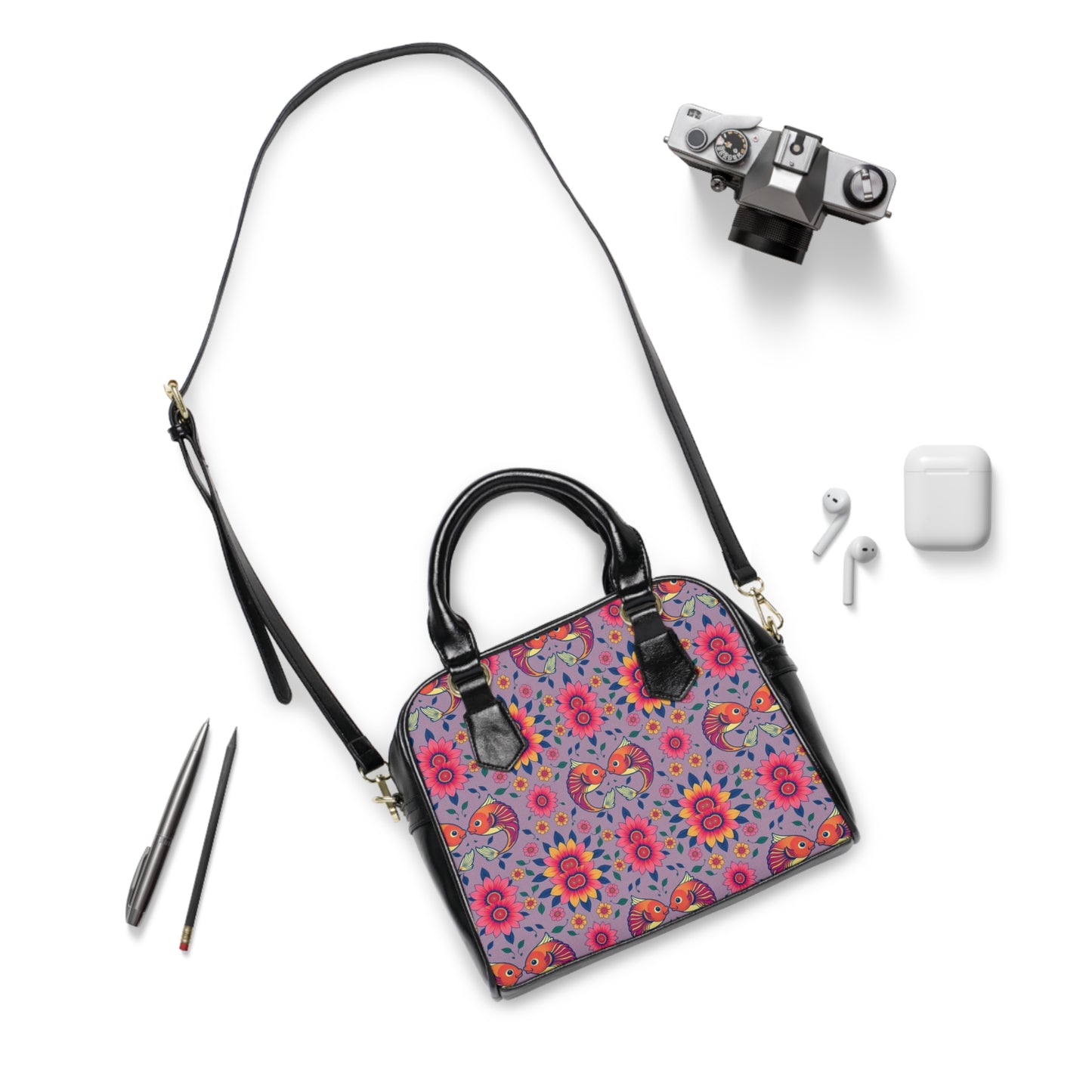 Shoulder Handbag, Pisces, Zodiac v1, Flower Pattern