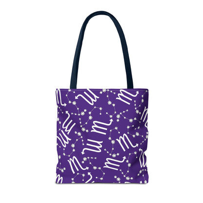 Tote Bag, Scorpio Zodiac Sign, AOP, (Purple, White)