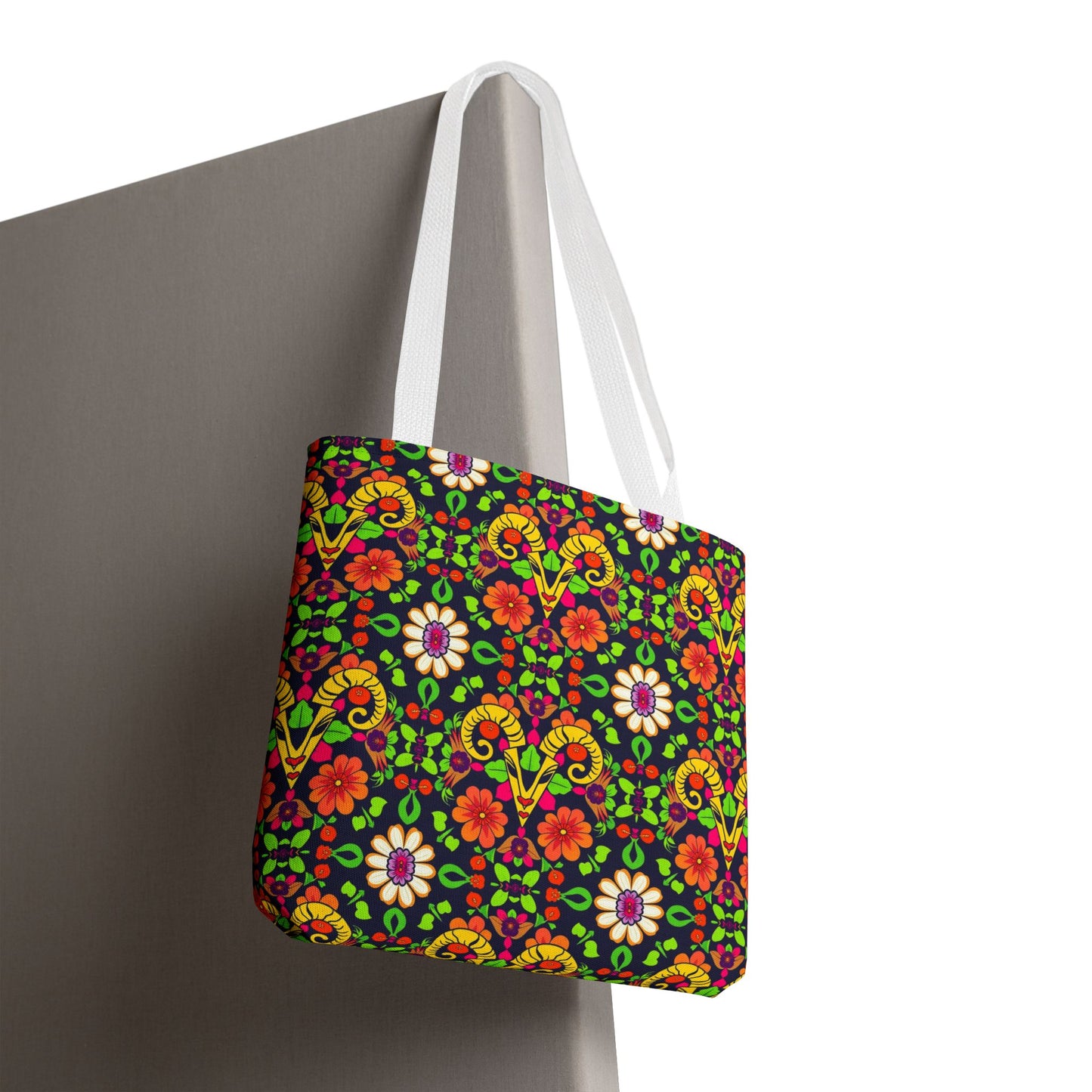 Tote Bag (AOP), Aries, Zodiac, Flower Pattern