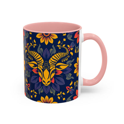 Accent Coffee Mug, Taurus, Zodiac v1. Flower Pattern, (11, 15oz)
