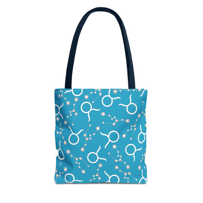Tote Bag, Taurus Zodiac Sign, AOP, (Turquoise, White)