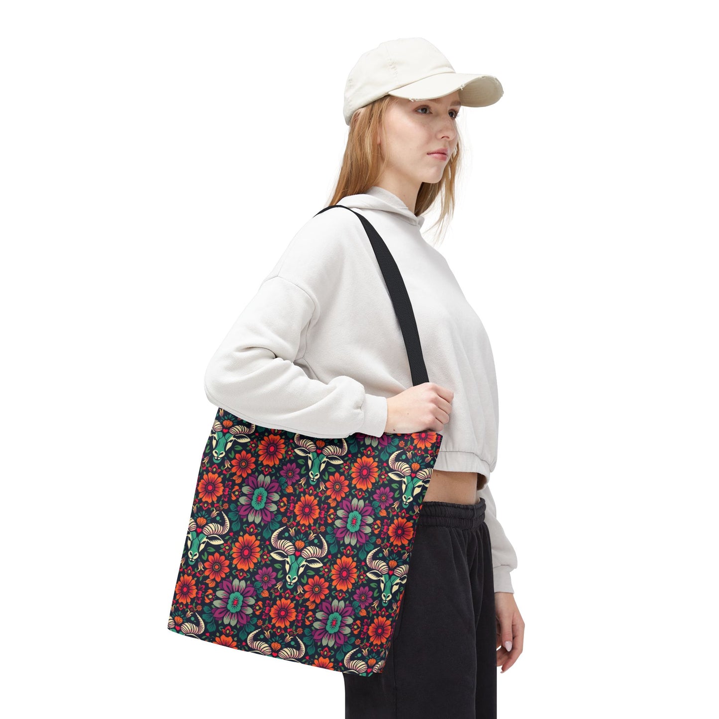 Tote Bag, (AOP), Taurus, Zodiac, Flower Pattern